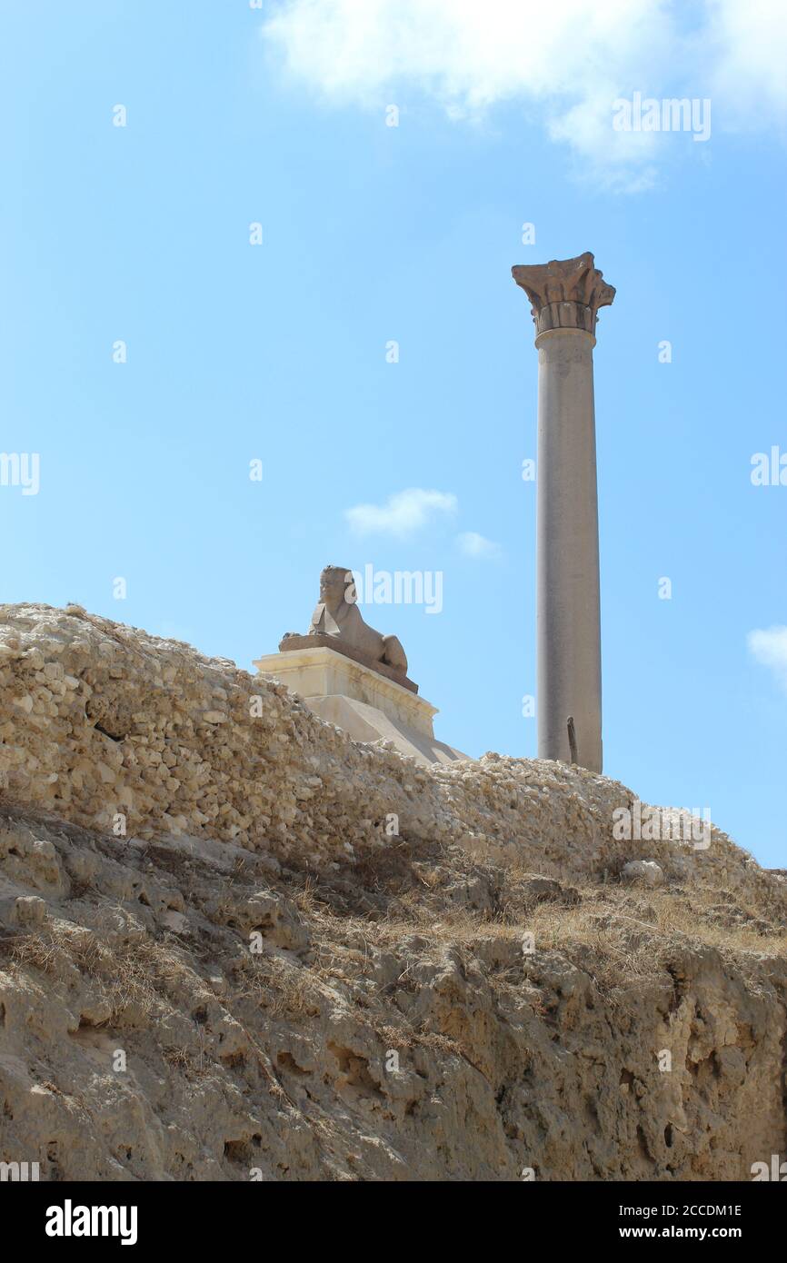 Serapeum and Pompey`s Pillar and the sphinx. Stock Photo